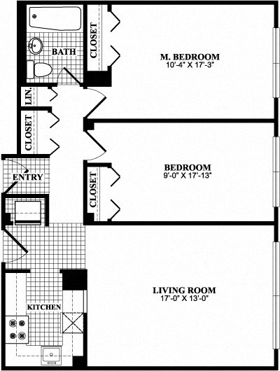 Floor plan for 2 beds, 1 bath, 800 sqft